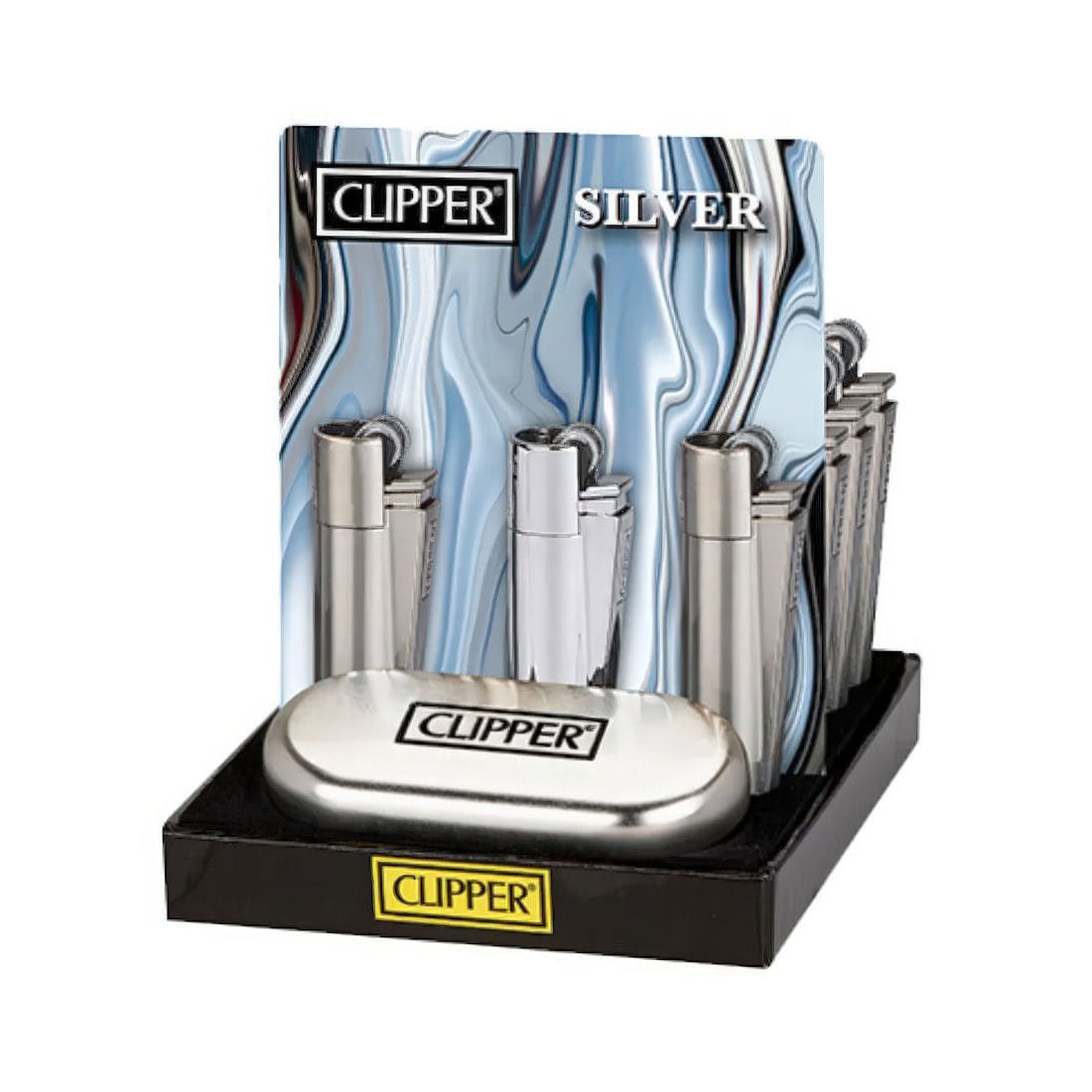 Clipper Large Metal Aanstekers "Silver" Display (12 Stuks)