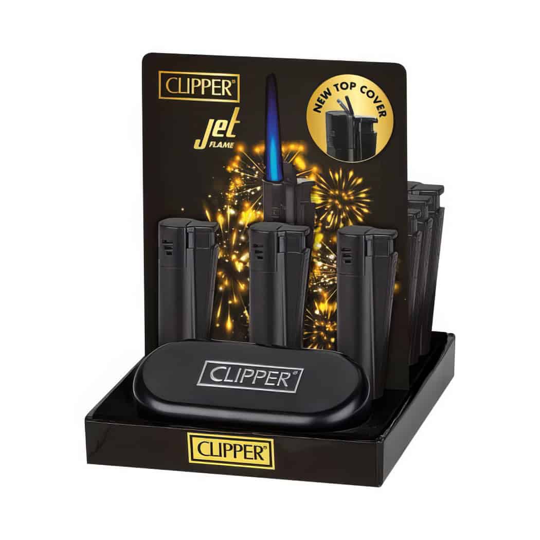 Clipper Large Metal JetFlame Aanstekers "Matt Black" Display (12 Stuks)