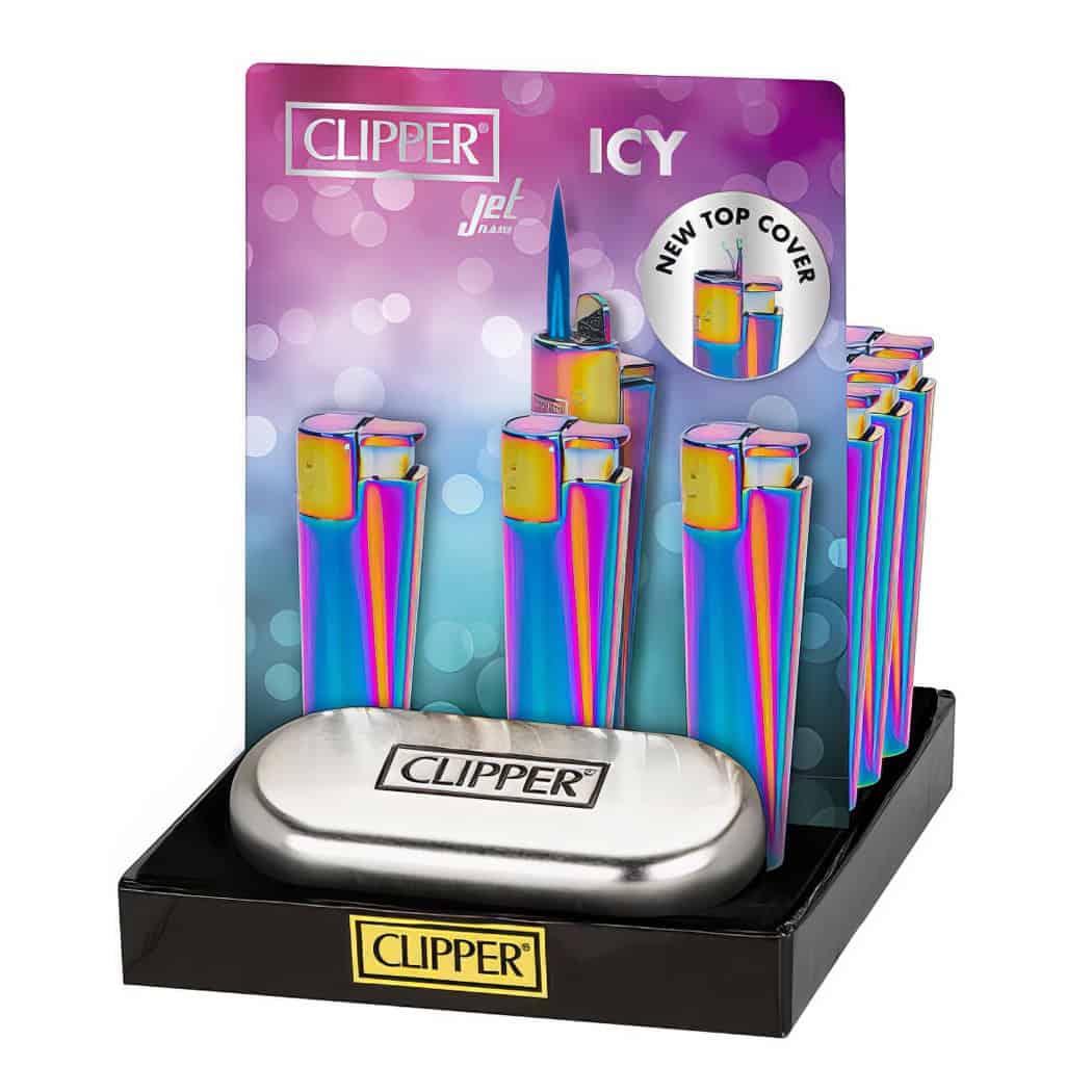 Clipper Large Metal JetFlame Aanstekers "Icy" Display (12 Stuks)