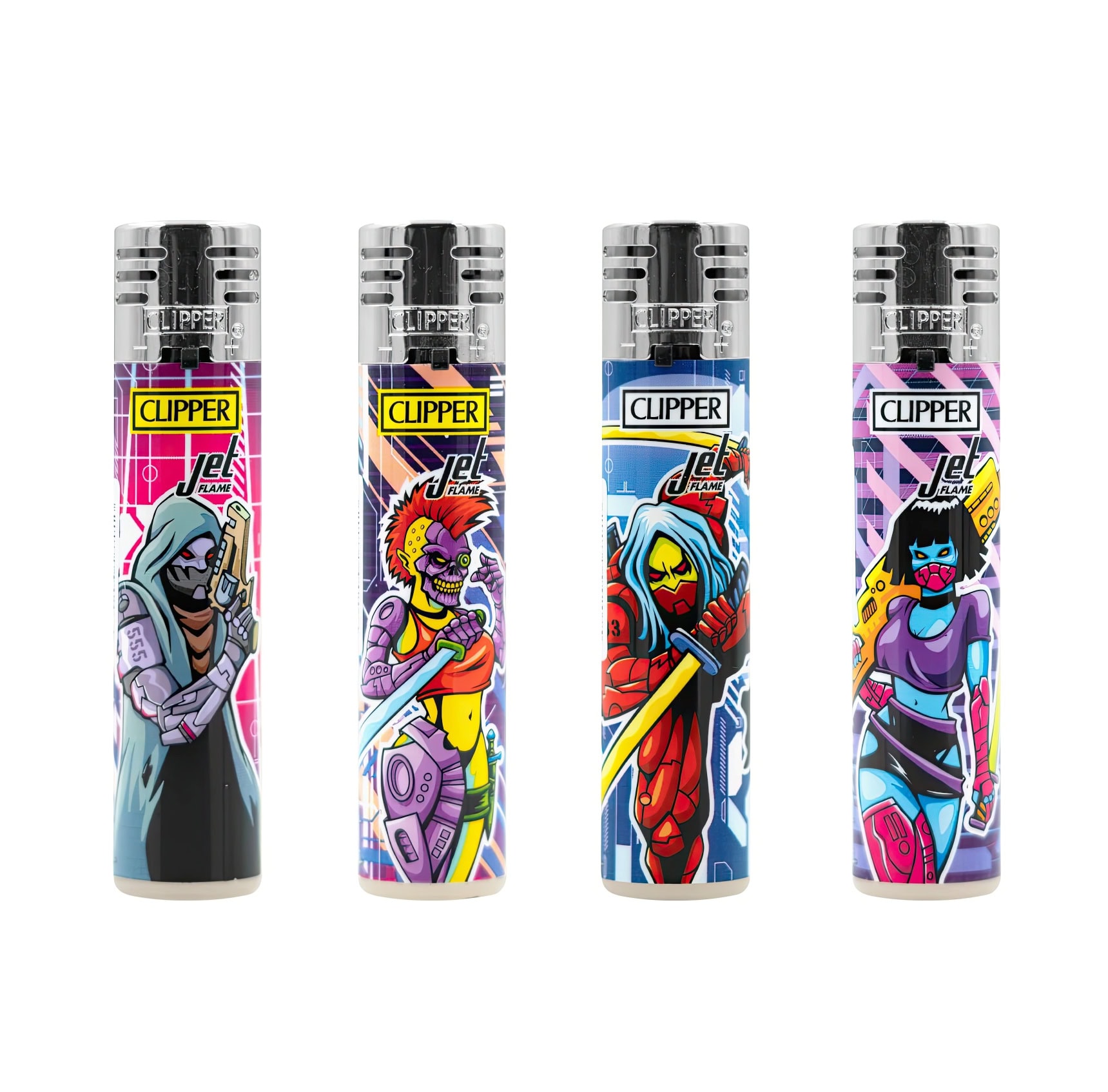 Clipper Jet Flame Aanstekers “Cyborg Assassins” Display (48 stuks)